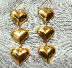 Three Heart dangle earring, Brass 18k gold plated, Handmade brass jewelry